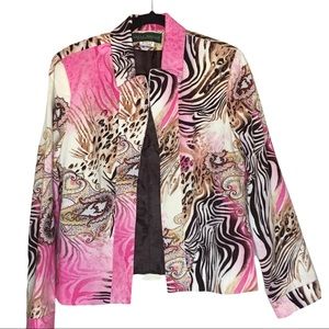 Harve Bernard Pink Brown Animal Print Open Front Blazer Jacket